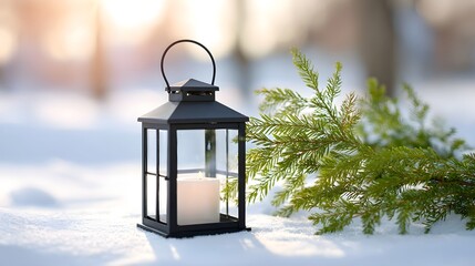 A decorative black lantern holding a glowing white candle rests on a blanket of snow with a green pine bough beside it illuminated by warm soft winter sunlight creating a peaceful outdoor scene