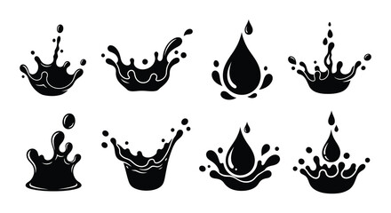 Black and white illustration of various water splash and droplet shapes