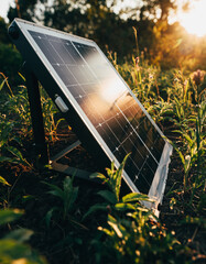 A small, portable solar panel is set up in a grassy field during a golden hour sunset, reflecting the warm sunlight.