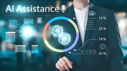 A businessman in a suit interacts with a futuristic AI assistant on a virtual interface, analyzing data charts and graphs for business insights. showcasing technology and communication. - Powered by Adobe