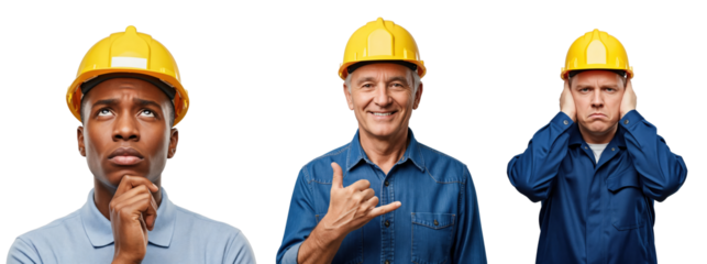 Diverse Group of Construction Workers Wearing Yellow Hard Hats Expressing Different Emotions Against a transparent background
