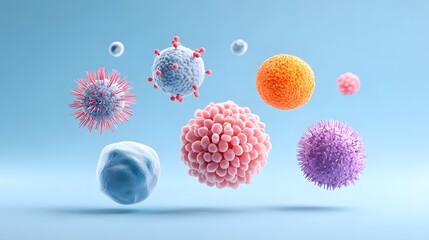 Abstract rendering of various colorful and textured microscopic biological particles including virus like and cell like structures
