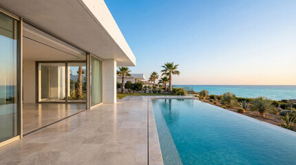 Fototapeta premium Minimalist Villa with Pool Overlooking the Ocean Horizon
