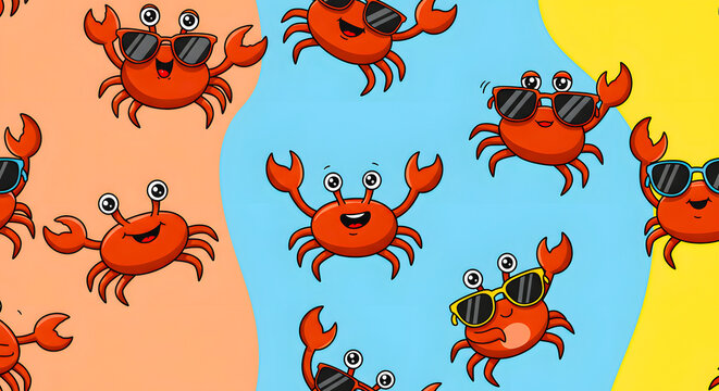 Funny cartoon crabs wearing sunglasses, a vibrant and playful seamless pattern design perfect for summer themes and children's products