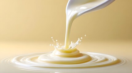 Capturing the moment of liquid pouring this image features a creamy viscous white substance forming a captivating splash and concentric ripples set against a gentle light colored backdrop