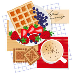 Breakfast with strawberries, waffles, and a cup of latte coffee is drawn in a flat style with texture, close-up, top view. Breakfast setting with pastries, fruits, and berries. Stock vector 