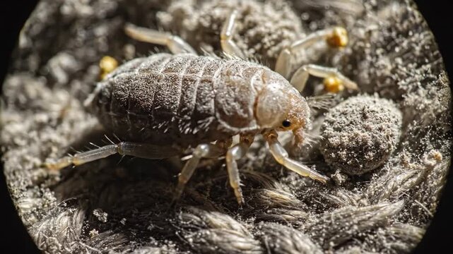 Microscopic Dust Mite on Surface - This extreme close-up shows a dust mite, a common allergen, residing on a textured surface.