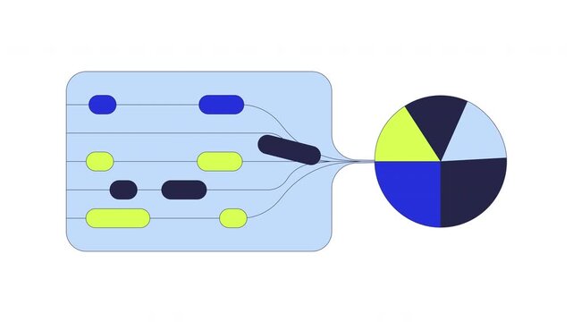 Raw data flow to pie chart visualization 2D cartoon object animation. Analytics processing. Flowchart transforming into segmented piechart animated flat colorful item 4K video isolated on white