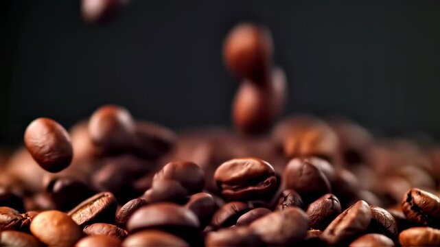 Close-up of roasted coffee beans, some falling, over a bed of more beans. Dark background
