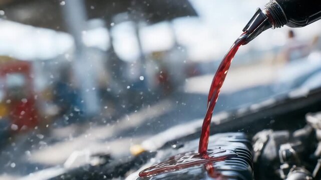 231Close-up of red antifreeze being added to a modern car engine, the fluid glowing under bright sun, surrounding components dry but icy-touch reflective, conveying reliability and se