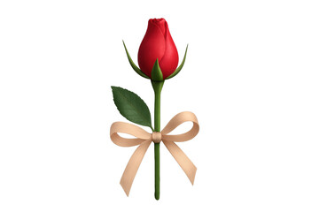 Red rose bud tied with ribbon, transparent background