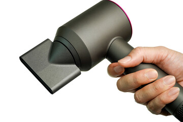 Hair dryer in hand isolated on white background, clipping path