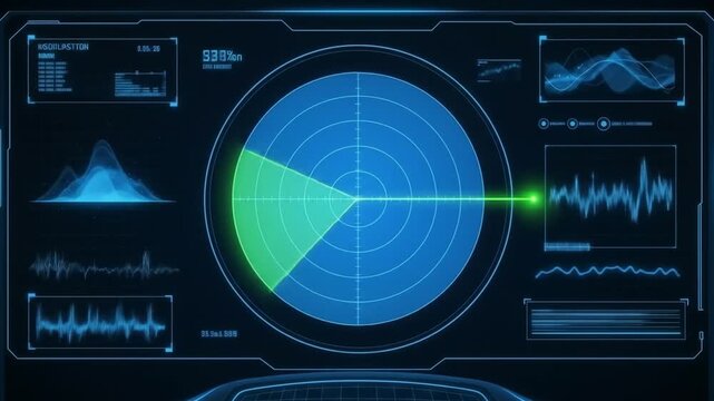 A blue radar screen with a scanning beam on a dark background. A virtual dashboard interface in an infinite loop. 4k video.