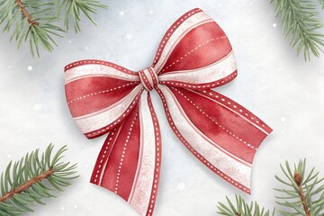 Watercolor Christmas Bow Ribbon with Pine Branches on Snowy Background