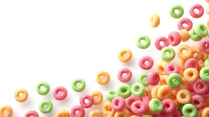 A close up top down view of vibrant multicolored breakfast cereal rings scattered and piled across a clean white studio background highlighting their fun shapes and bright colors