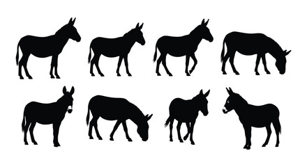 Silhouette collection of donkeys in various poses and perspectives