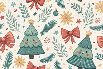 Seamless Christmas Pattern Illustration with Cute Cartoon Trees, Bows, and Stars. seamless christmas pattern