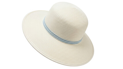 Isolated Elegant sun hat with a blue ribbon for summer, feminine headwear for protection