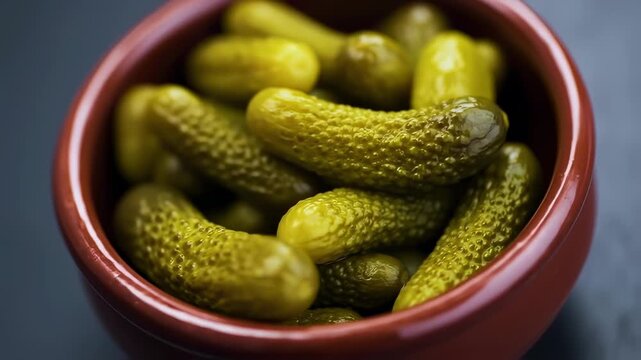 Close-up of gherkin pickles in a red bowl on a dark surface, textures and colors highlighted
