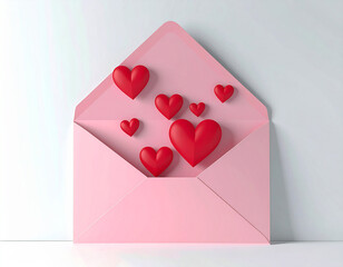 Wedding. Post envelope with cute red hearts decoration. Valentine's Day concept.