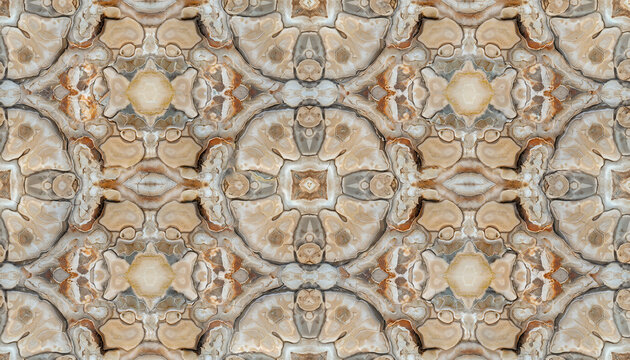 Intricate seamless kaleidoscope pattern derived from natural stone texture with earthy tones. - Powered by Adobe