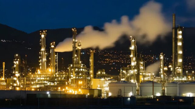 289Oil refinery tanks and towers glowing at dusk behind silver fencing, warm lights diffused by rising steam