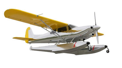 Isolated vintage seaplane amphibian airplane, chrome and yellow, propeller, floatplane