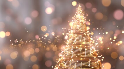 Elegant Christmas tree formed by swirling golden light and musical notes illuminated with soft bokeh lights and sparkles creating a magical holiday atmosphere