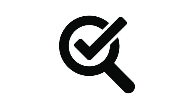 Black magnifying glass icon with a checkmark inside representing successful search or verification