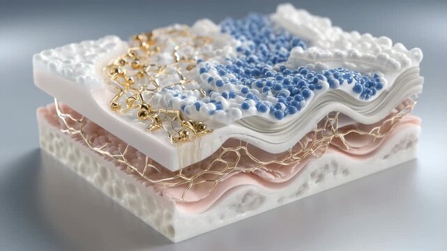 293D cross-sectional diagram of artificial skin with organic wave pattern, multilayered biomaterial design, symbolizing next-generation medical grafting and healing