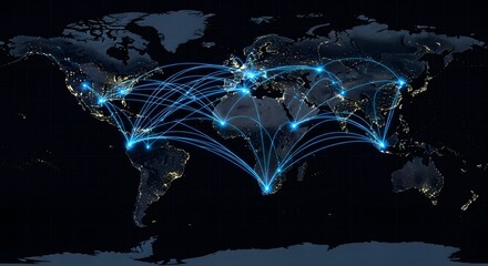 Global network connections across a dark world map with glowing blue lines.