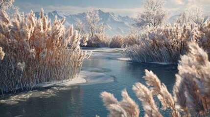 A winter landscape with a frozen pond and reeds,
