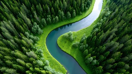 An elevated perspective captures a vibrant turquoise river meandering through a dense emerald green forest showcasing the beauty of unspoiled nature