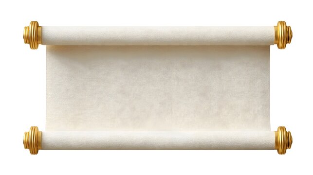 An elegant unrolled parchment scroll featuring ornate gold decorative ends ideal for historical documents certificates or decorative design elements isolated on a clean white background
