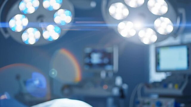 Blurred Surgical Lights in Modern Operating Room - This video shows surgical lights out of focus creating a blue bokeh backdrop in a modern operating room.
