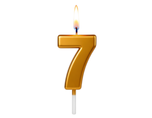 Golden number 7 birthday candle burning isolated on transparent background
