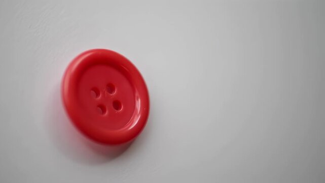 A bright red button with four holes rests on a white surface, casting a soft shadow