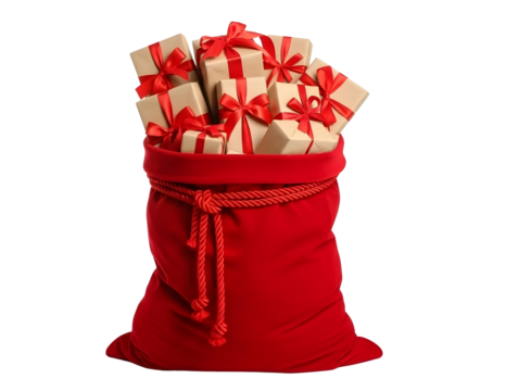 Red santa claus sack overflowing with christmas presents isolated on transparent background - Powered by Adobe