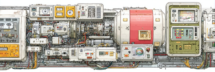 Detailed illustration of complex scientific equipment and machinery with intricate wiring and electronic components