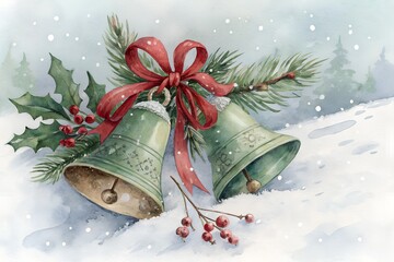 Watercolor Christmas Bells with Red Ribbon, Holly, and Pine on Snowy Background