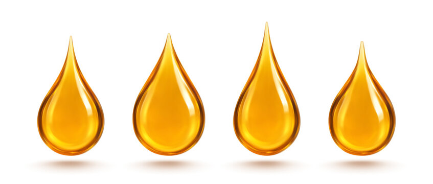 Golden oil drops isolated on white background. Cosmetic and skincare essence. Vector realistic illustration