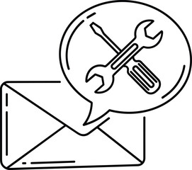 Technical support message icon with envelope, wrench, and screwdriver symbol representing maintenance communication, service request notification, and repair assistance concept