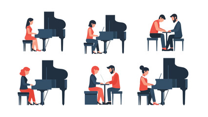 Diverse Group of People Learning and Playing Piano at Grand Pianos Music Education Practice and Performance Concepts