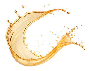 A splash of golden liquid forms elegant crescent shape, with droplets suspended in mid air