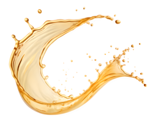 A splash of golden liquid forms elegant crescent shape, with droplets suspended in mid air