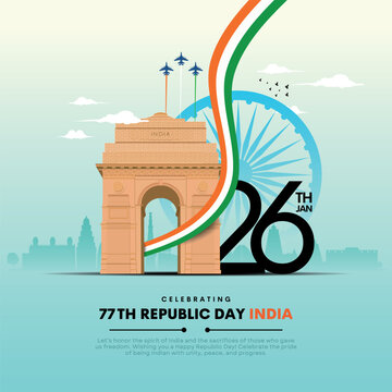 26 January Happy Republic Day Background Design Template Illustration, 77th Indian Republic Day for poster, banner, card.