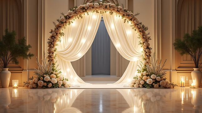 Luxury Crescent Moon Islamic Nikah Stage with Celestial Gold Accents