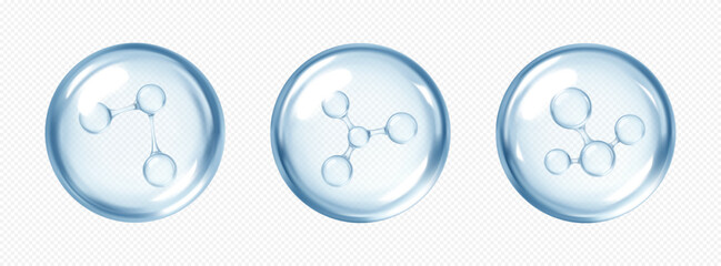 Molecules inside bubbles. Collagen serum bubble. Cosmetic essence. Hyaluronic acid. Skincare product. Concept skin care cosmetics solution. Vector 3d illustration