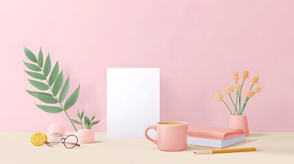Serene and tidy minimalist workspace with a pink mug of beverage book eyeglasses green leaf small potted plants and a slice of lemon on a light desk surface with a pastel pink backdrop