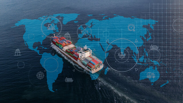 Fototapeta Aerial top view containers ship cargo business commercial logistic and transportation international import export by container freight cargo ship in the open seaport show ocean network on map